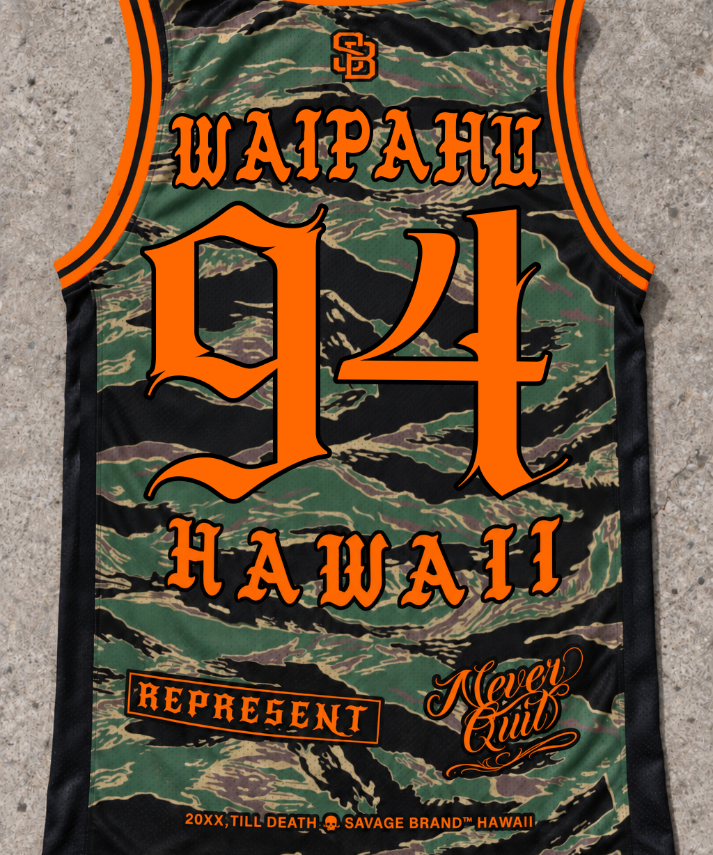 Waipahu 94 Jersey Tank — Camo Orange — back view