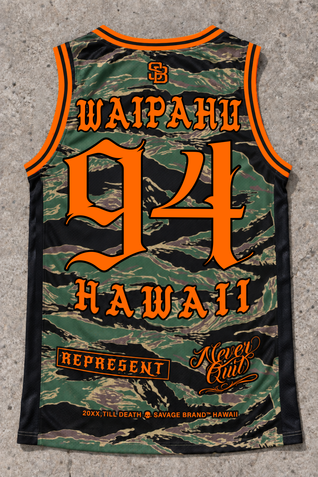 Waipahu 94 Jersey Tank — Camo Orange — back view